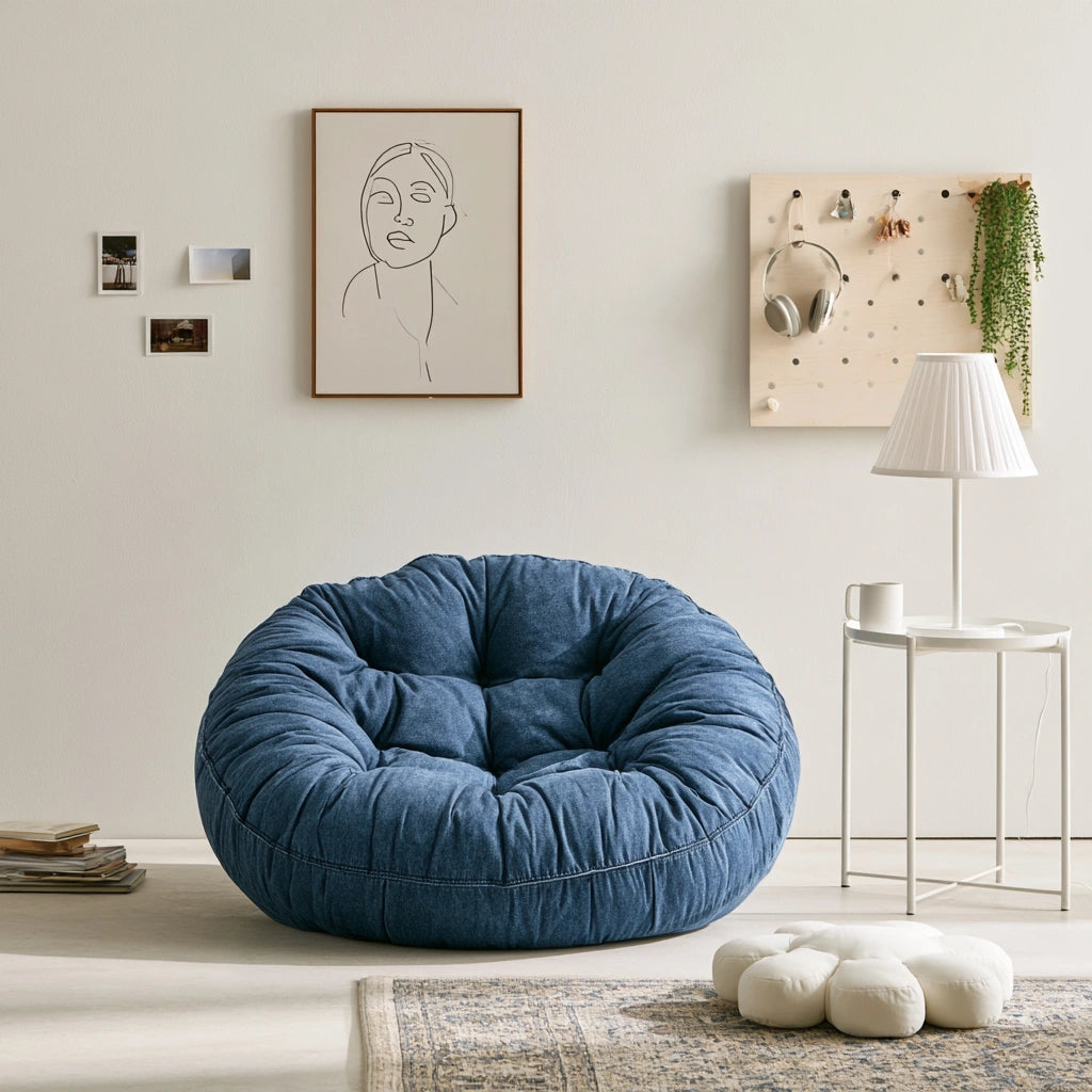 Runder gepolsterter Hocker, mit klarer Formgebung, Farbe: blau
